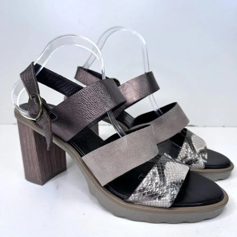 Hispanitas Sandals Size 10 Bronze Snakeskin Slingback Block Heel Platform Shoes